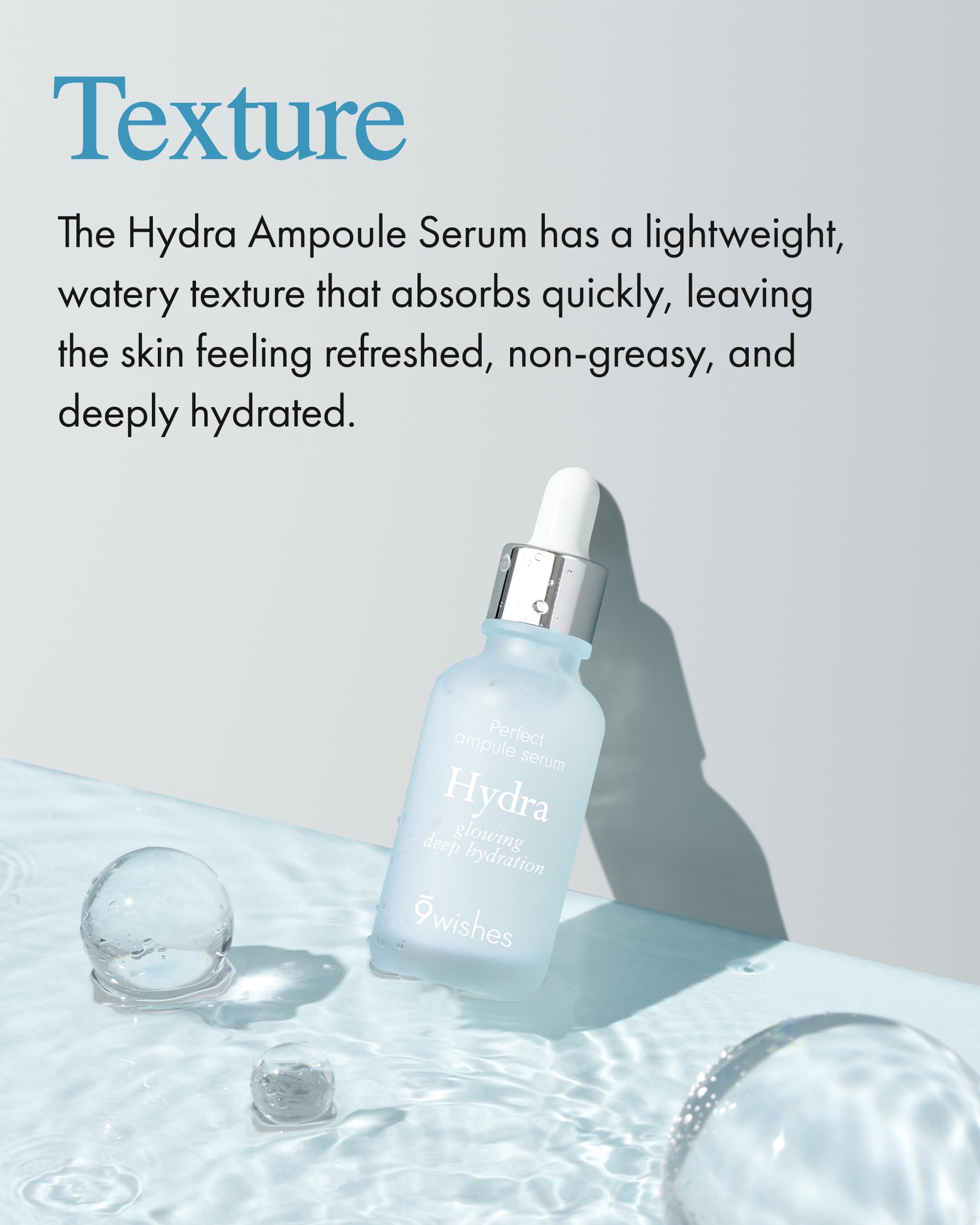 9 Wishes Hydra Ampoule II glass skin effect close-up suggests radiant, dewy skin.