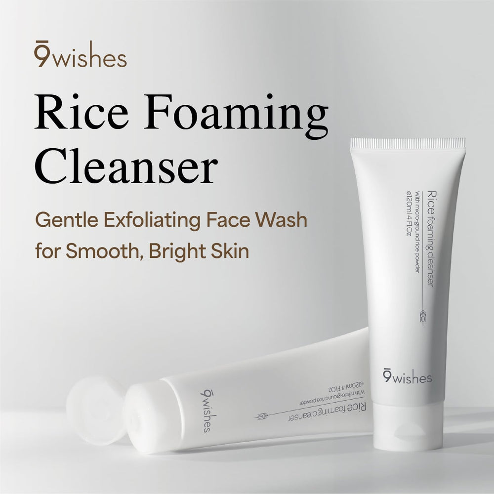 9 Wishes Rice Foaming Cleanser foam close-up—lightweight exfoliation for a refreshed look.
