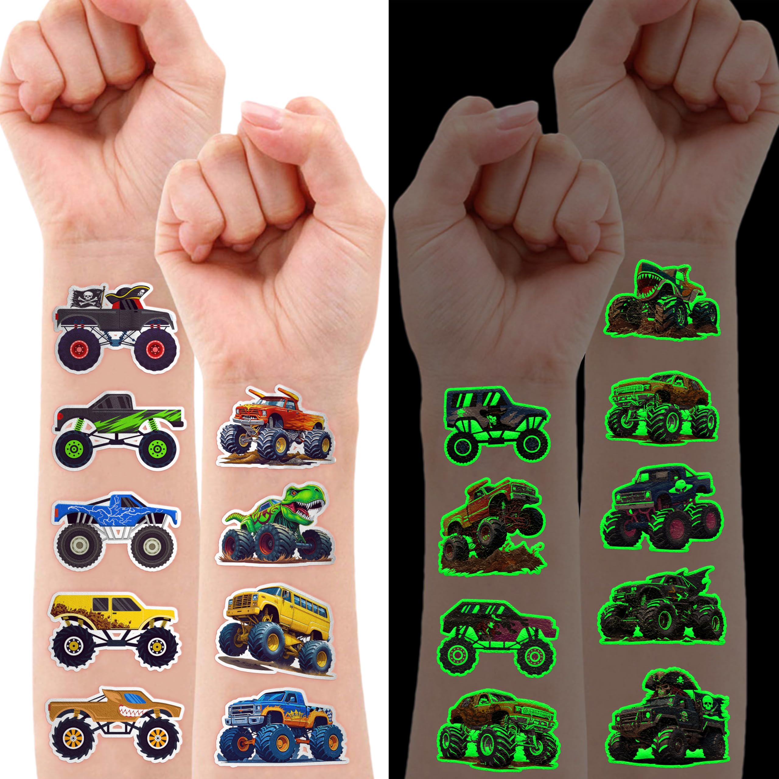 91TATTOOS pre-cut monster-truck tattoo on hand for quick party styling
