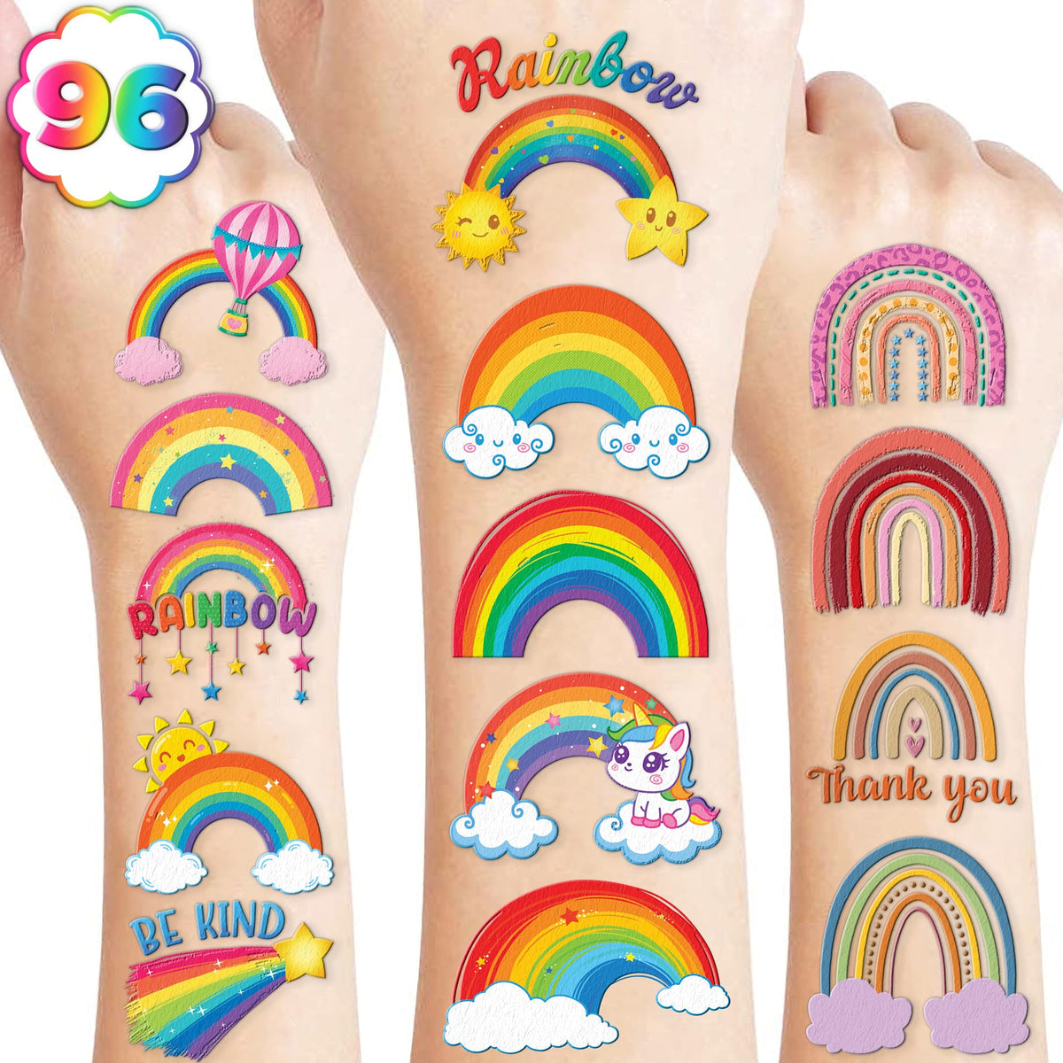 91TATTOOS rainbow pastel tattoo sheets show kid-friendly designs for party favors.