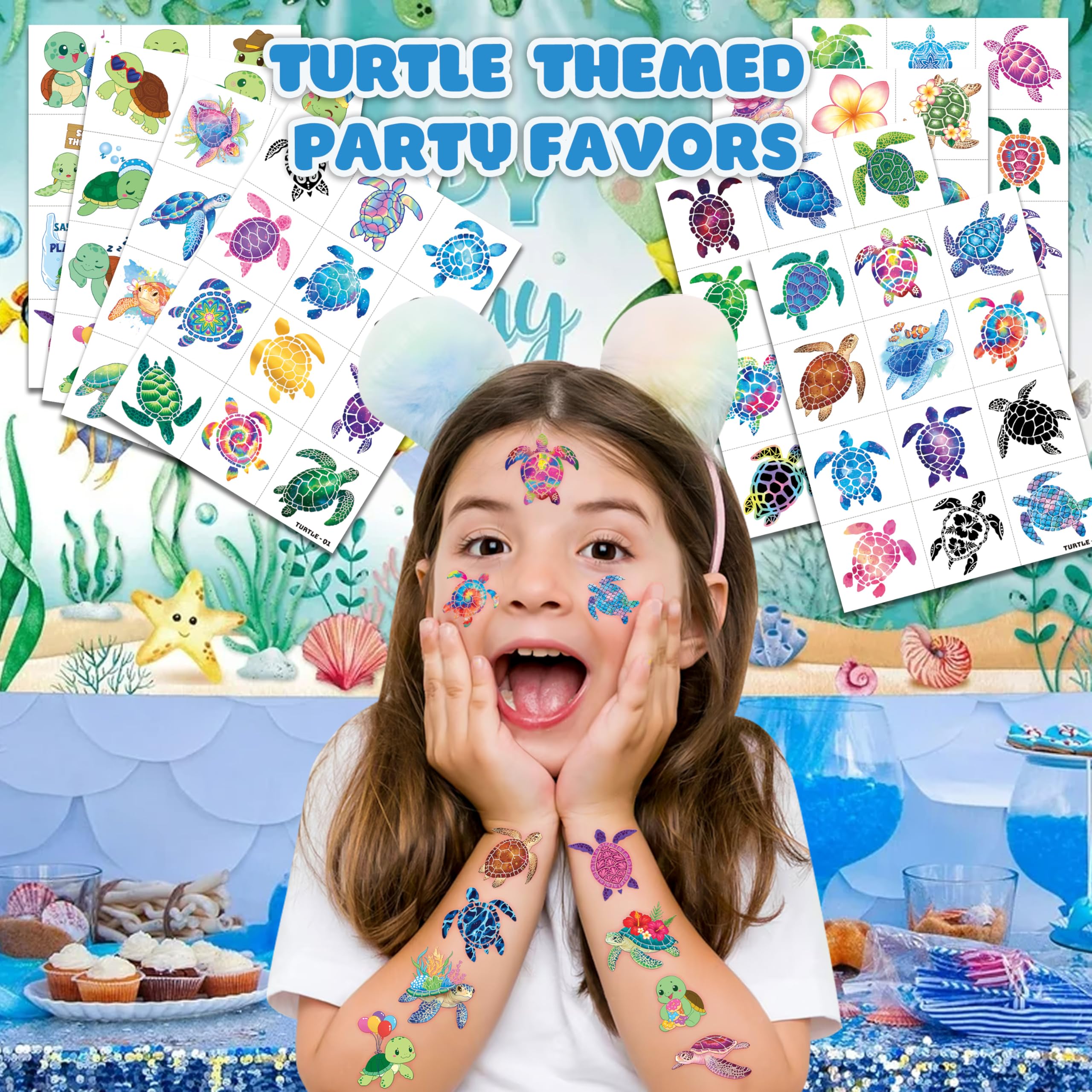 Close-up of 91TATTOOS turtle designs on tattoo sheets for a themed birthday.