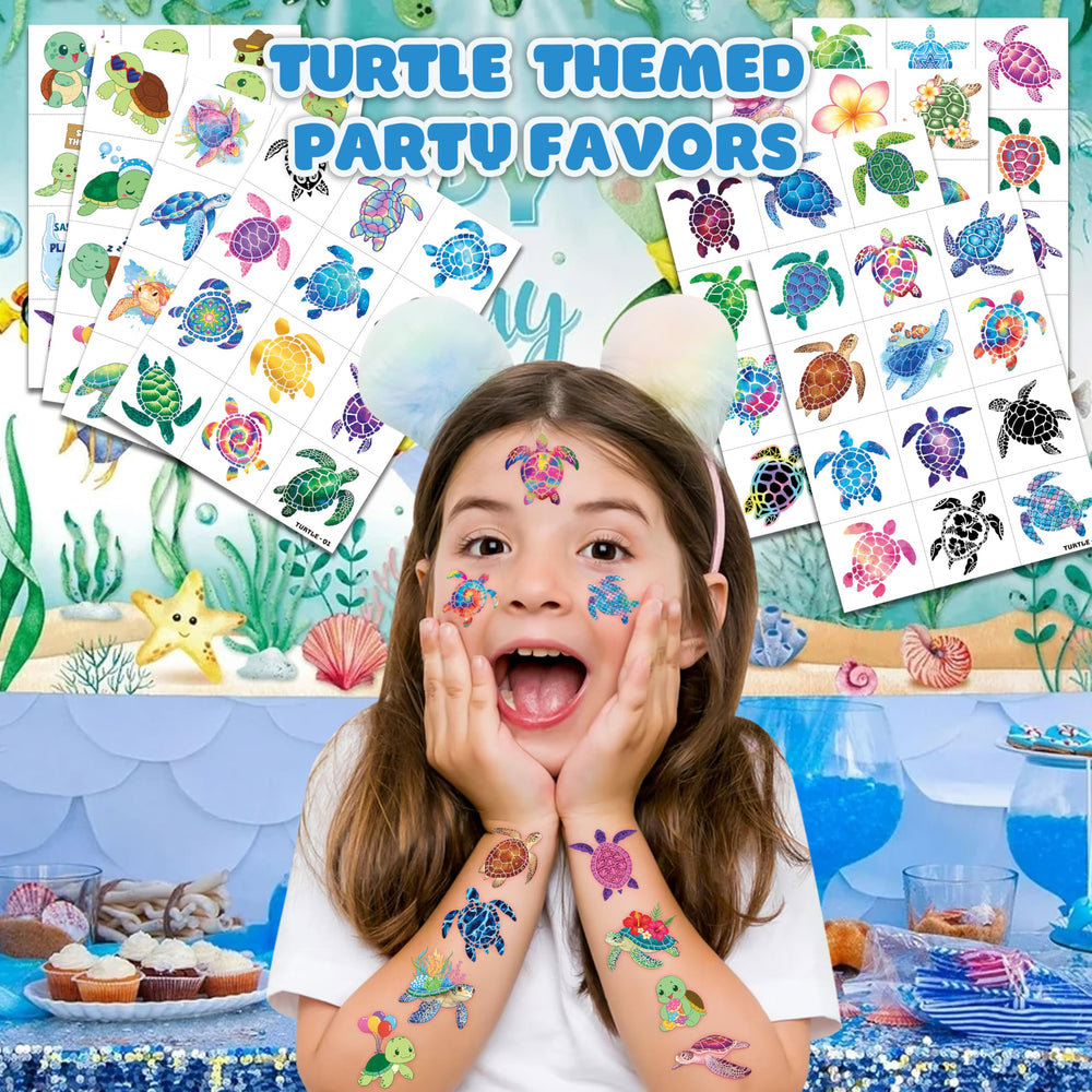 Close-up of 91TATTOOS turtle designs on tattoo sheets for a themed birthday.