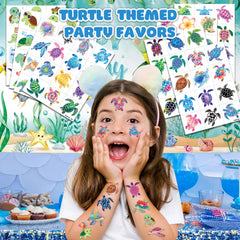 Close-up of 91TATTOOS turtle designs on tattoo sheets for a themed birthday.