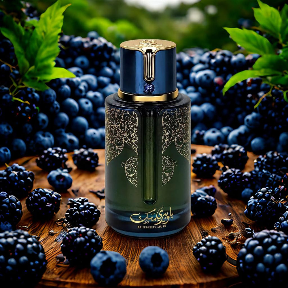 9 O'CLOCK BlueBerry Musk bottle with side label communicates fragrance details.