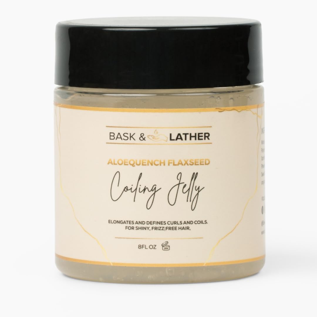 Bask & Lather Aloequench bottle-front showing hydrated curls and shine.