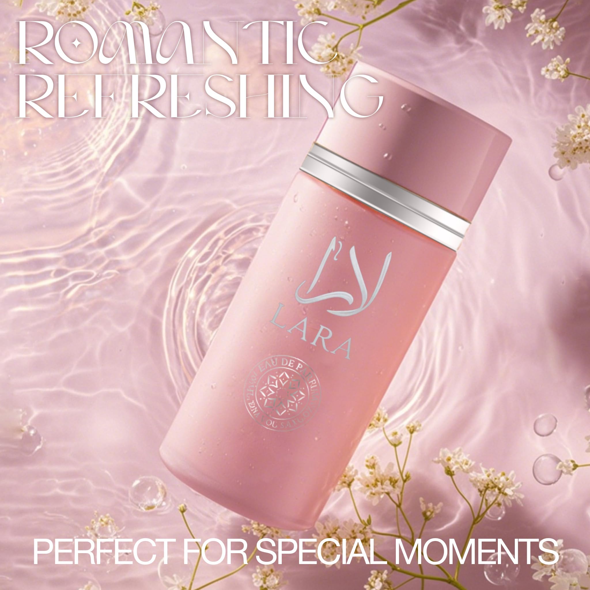 La Pink bottle label details emphasize premium notes and long-lasting appeal.