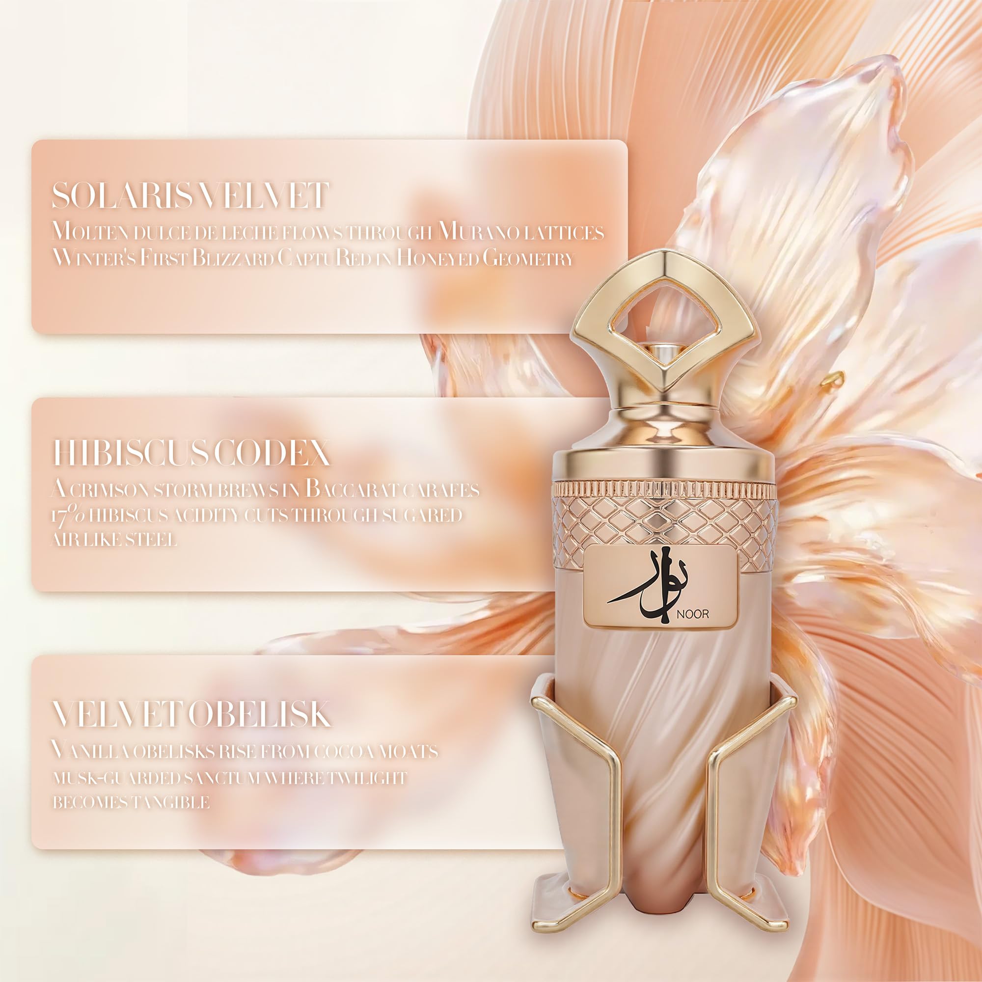 Noor bottle angled to reveal caramel-praline notes for dessert-inspired allure.