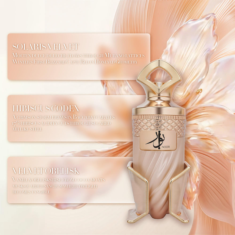 Noor bottle angled to reveal caramel-praline notes for dessert-inspired allure.