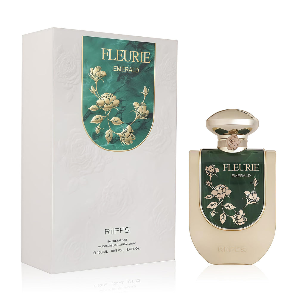 A CENTER Riiffs Fleurie Emerald bottle front view highlights gourmand allure and lasting presence.