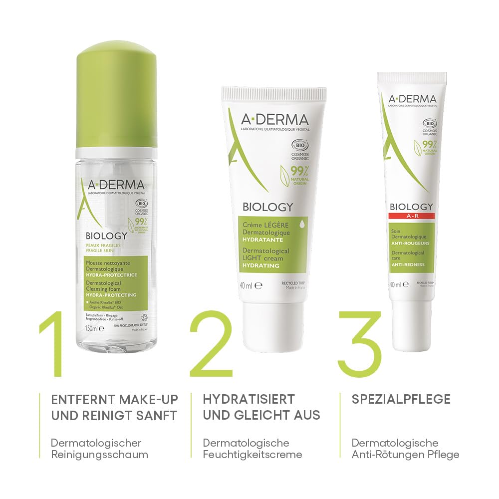 A-Derma Biology Mousse 150ml clinical tests badge suggests dermatologist-friendly formulation.