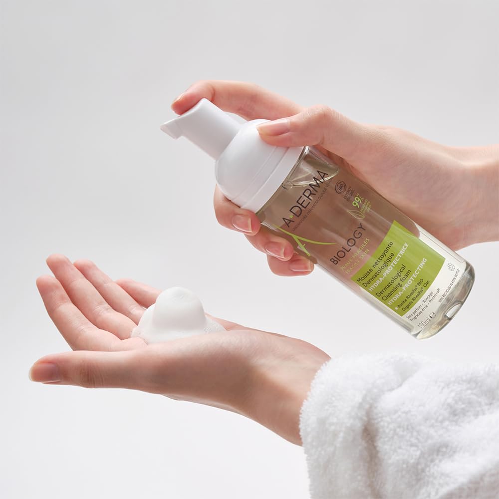 A-Derma Biology Mousse 150ml close-up bottle conveys clean, minimal skincare ritual.
