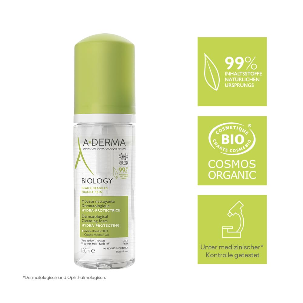 A-Derma Biology Mousse 150ml foam texture close-up shows light, daily-use cleansing.