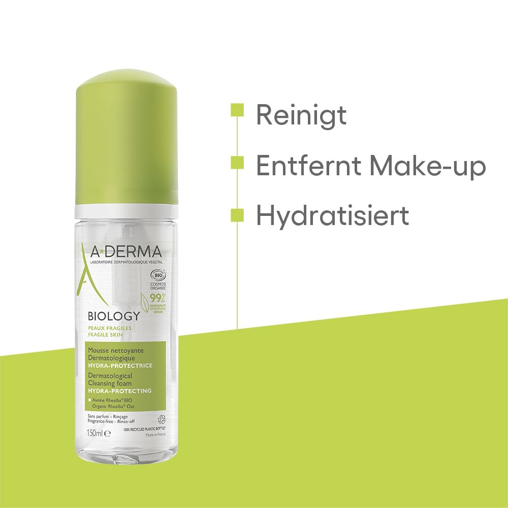 A-Derma Biology Mousse 150ml natural ingredients on label emphasize plant extracts.