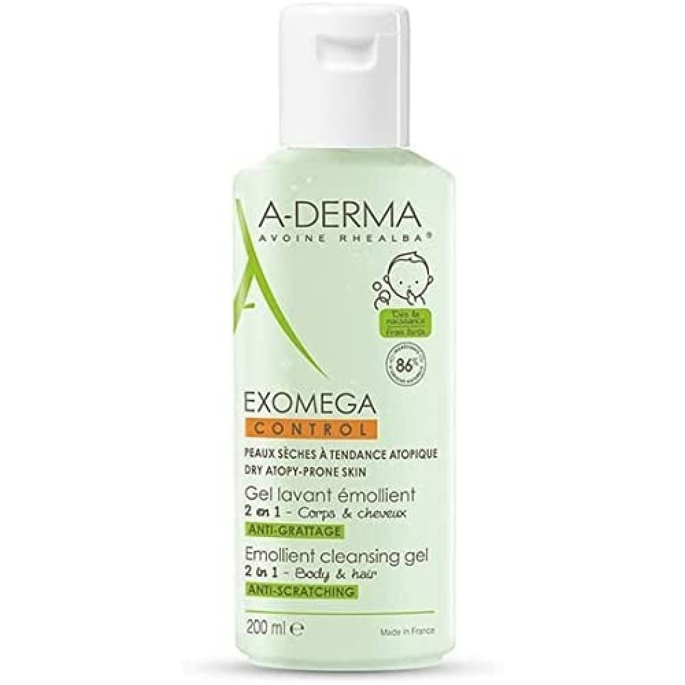 A-Derma Exomega Control 2in1 gel bottle for daily cleansing, soothing dry skin prone to eczema