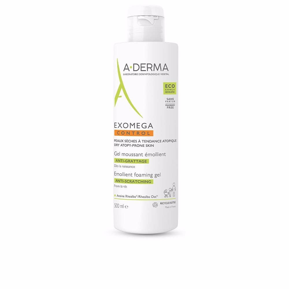 A-Derma Exomega Control foaming gel bottle for gentle daily cleanse on sensitive skin.