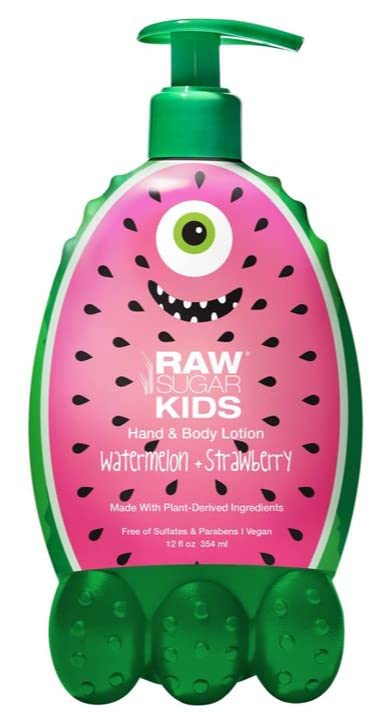 a g RS Raw Sugar Kids Watermelon and Strawberry lotion label closeup highlights vegan, cruelty-free formula