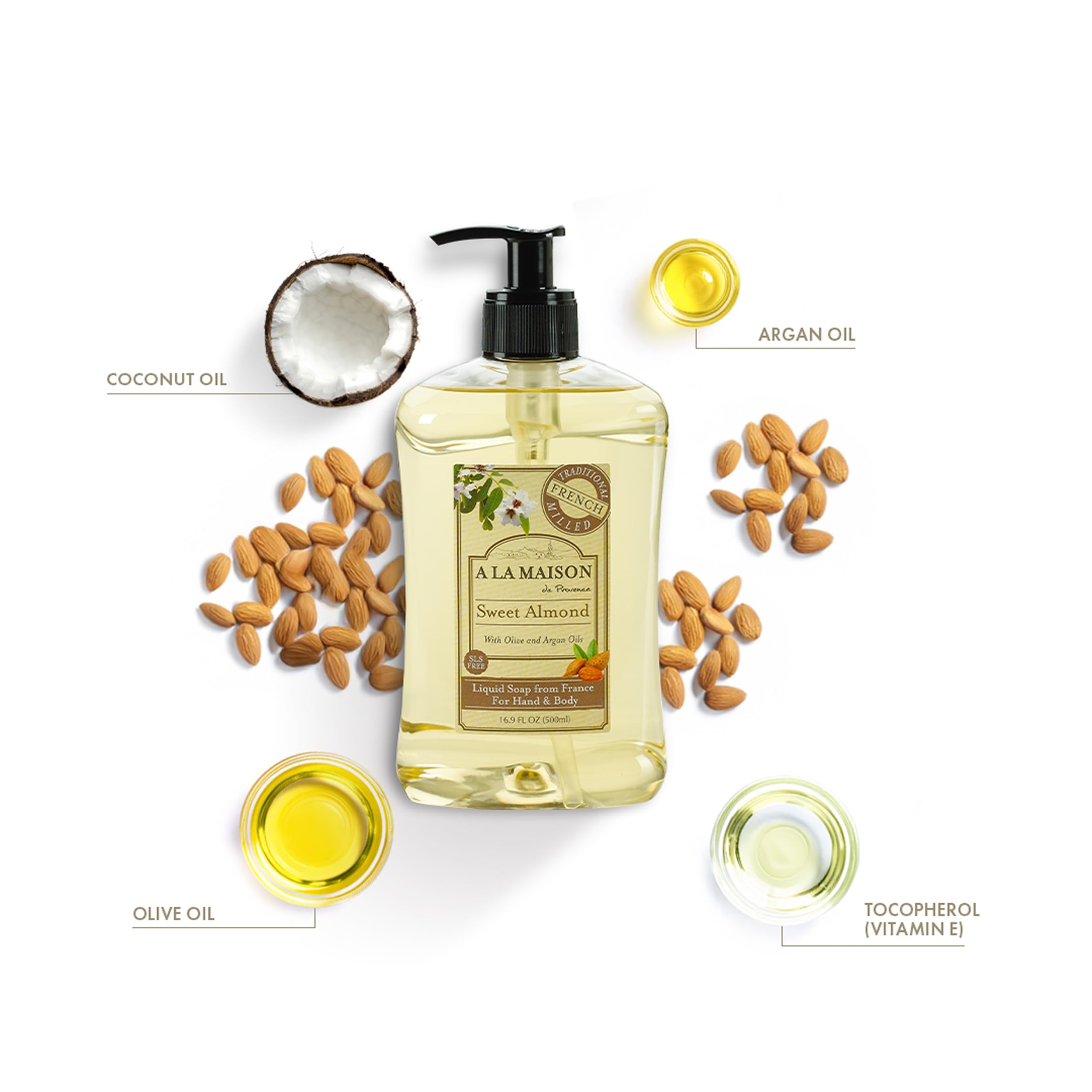 A LA MAISON Almond hand soap closeup highlighting natural glycerin and rich lather.