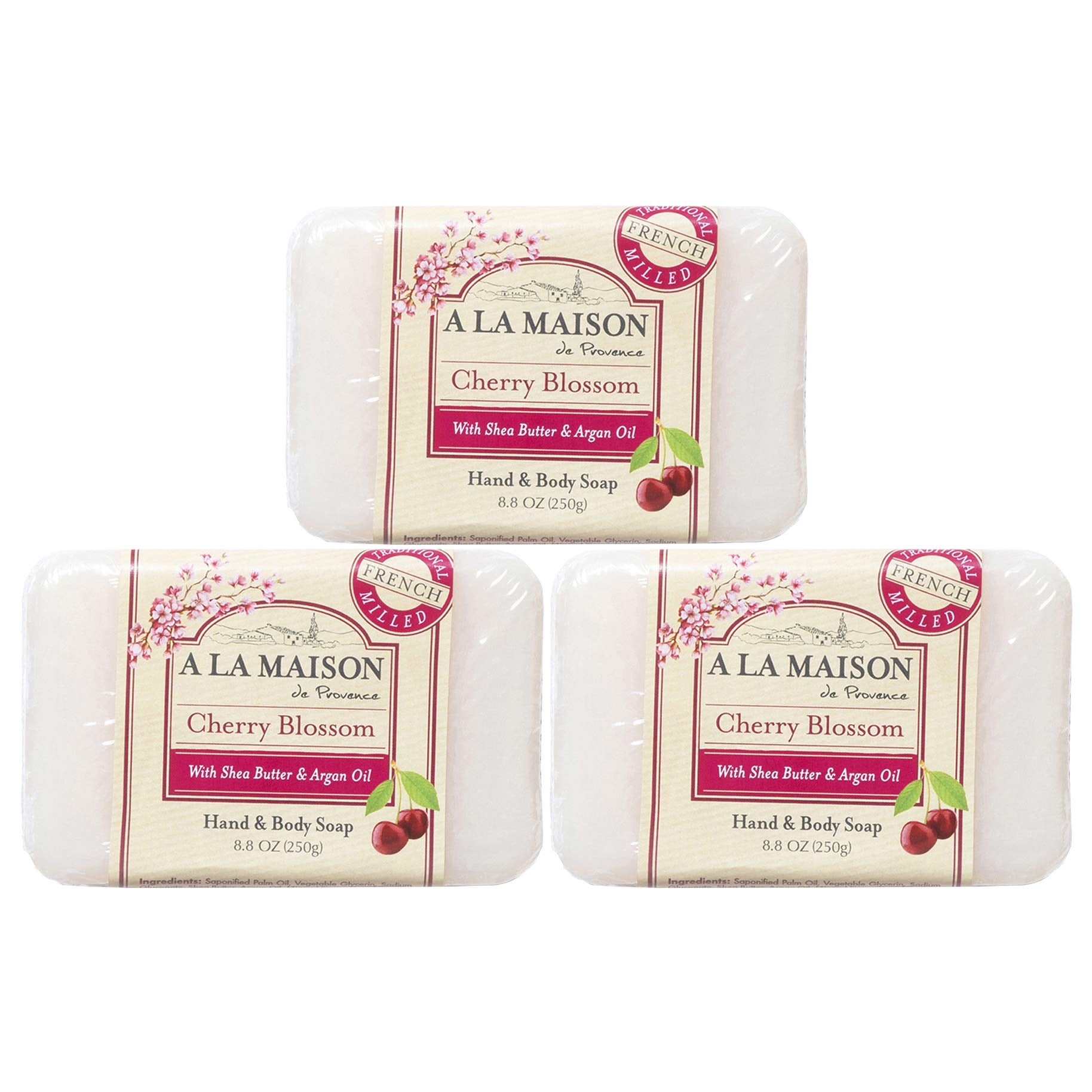 A La Maison Cherry Blossom Bar Soap pack: three bars for daily cleansing.