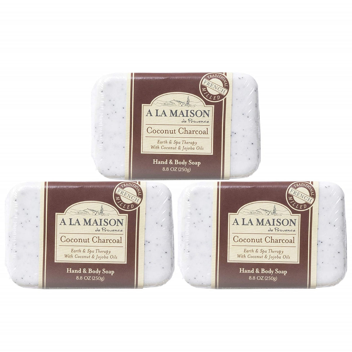 A LA MAISON Coconut Charcoal Bar Soap pack shows sustainable packaging and long-lasting bars.