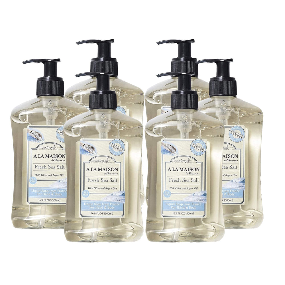 A LA MAISON French hand soap sea salt bottle shows gentle, plant-based cleansing.