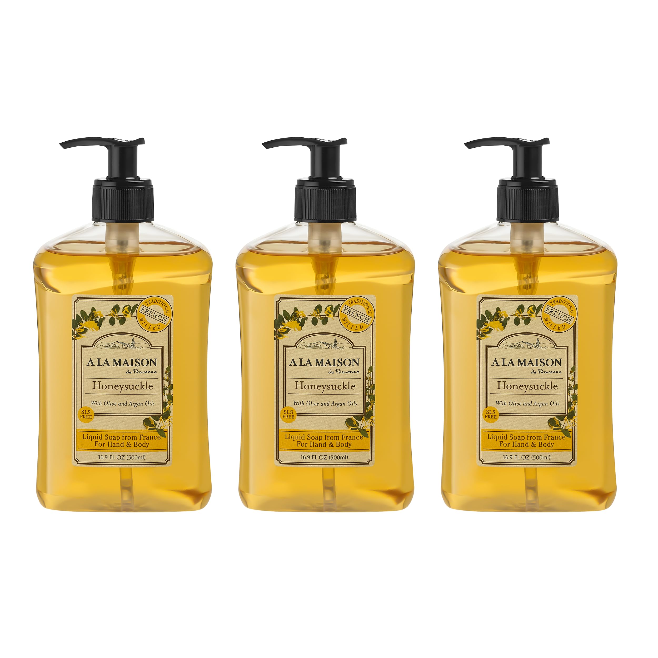A LA MAISON Honeysuckle liquid soap bottle, gentle cleansing with plant-based formula.