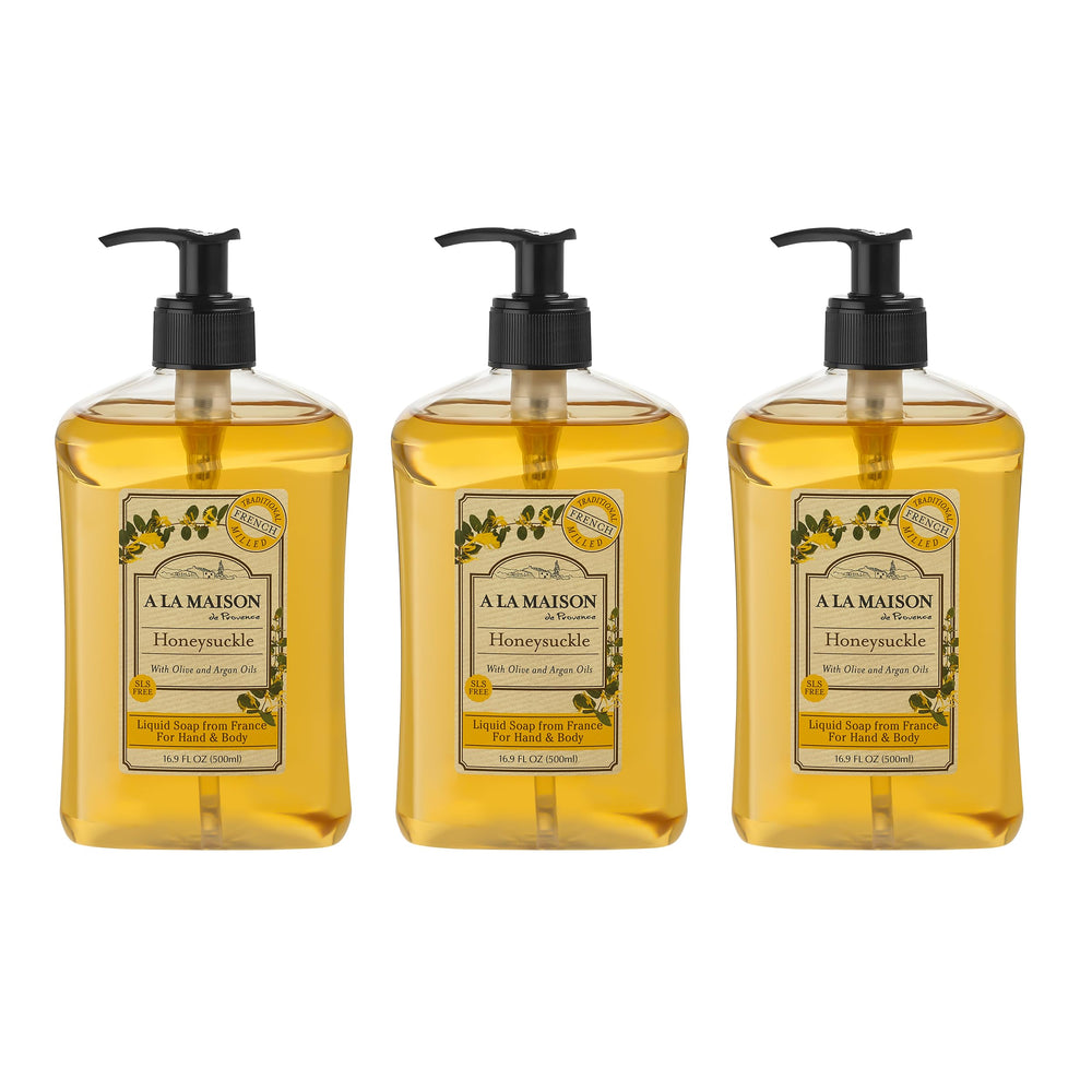 A LA MAISON Honeysuckle liquid soap bottle, gentle cleansing with plant-based formula.