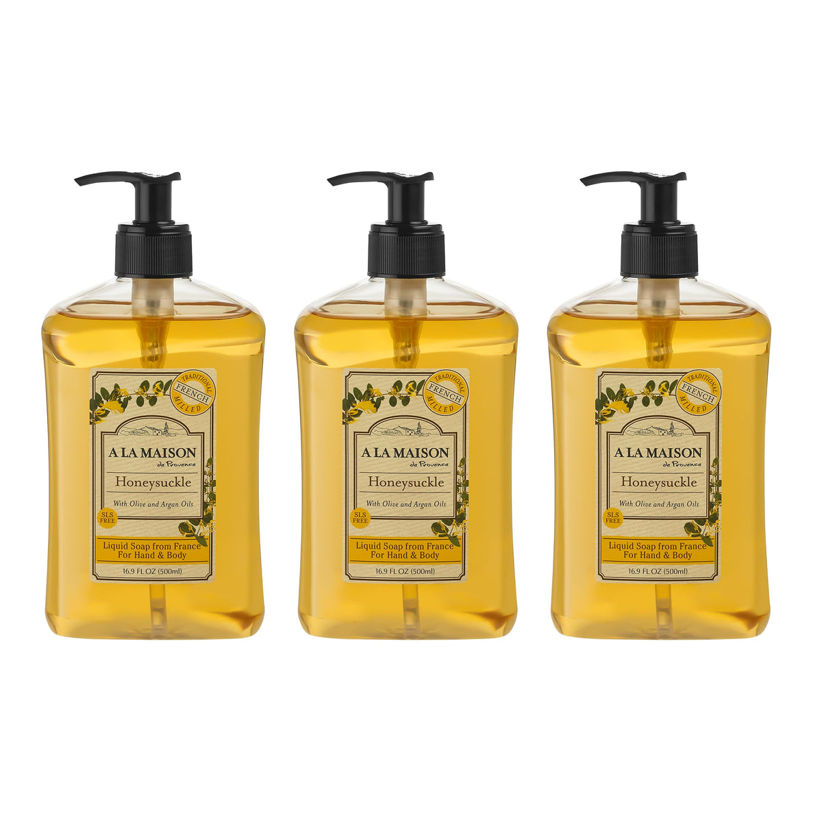 A LA MAISON Honeysuckle liquid soap bottle, gentle cleansing with plant-based formula.