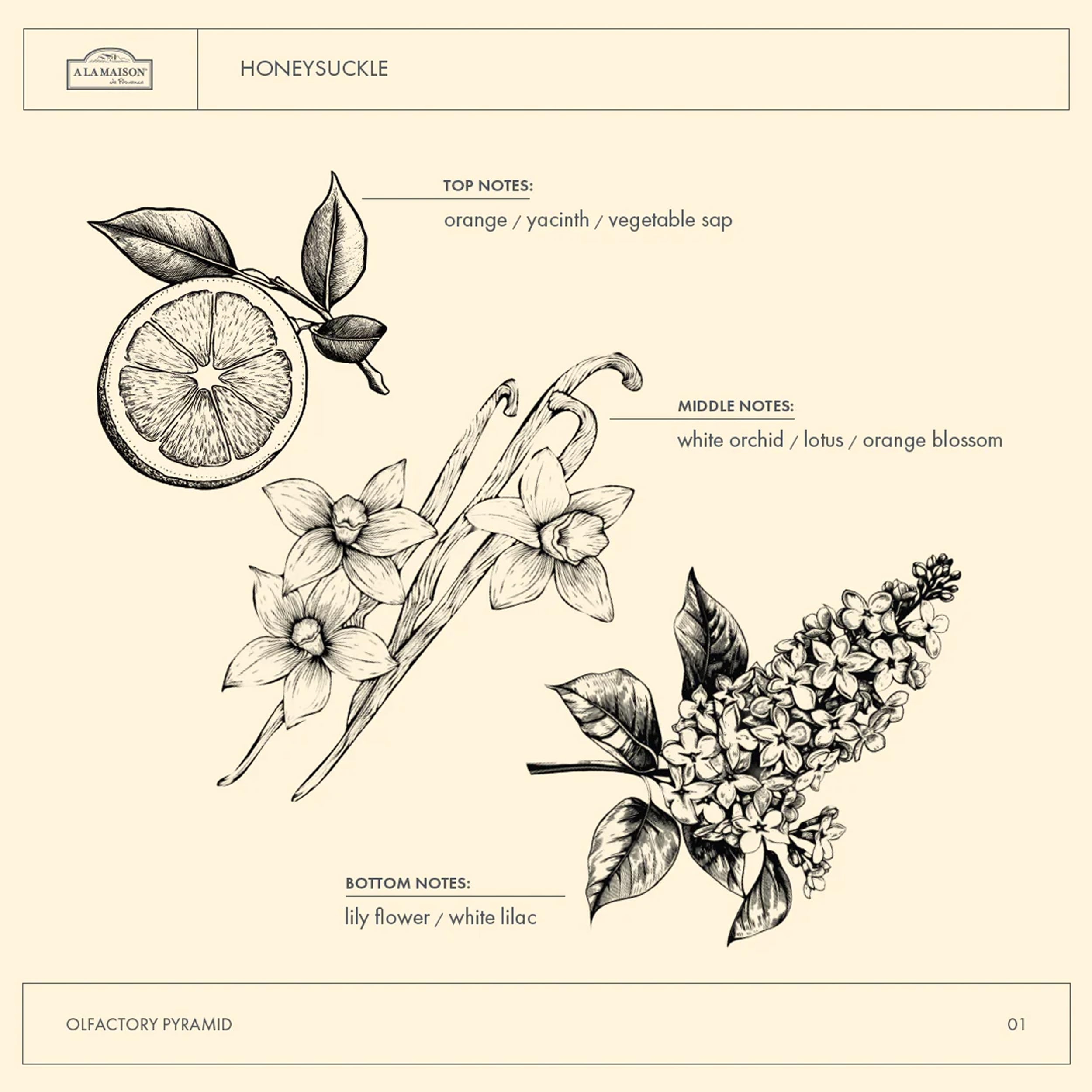 A LA MAISON Honeysuckle soap uses plant oils and glycerin to moisturize.