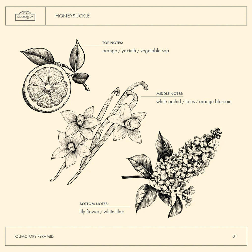 A LA MAISON Honeysuckle soap uses plant oils and glycerin to moisturize.