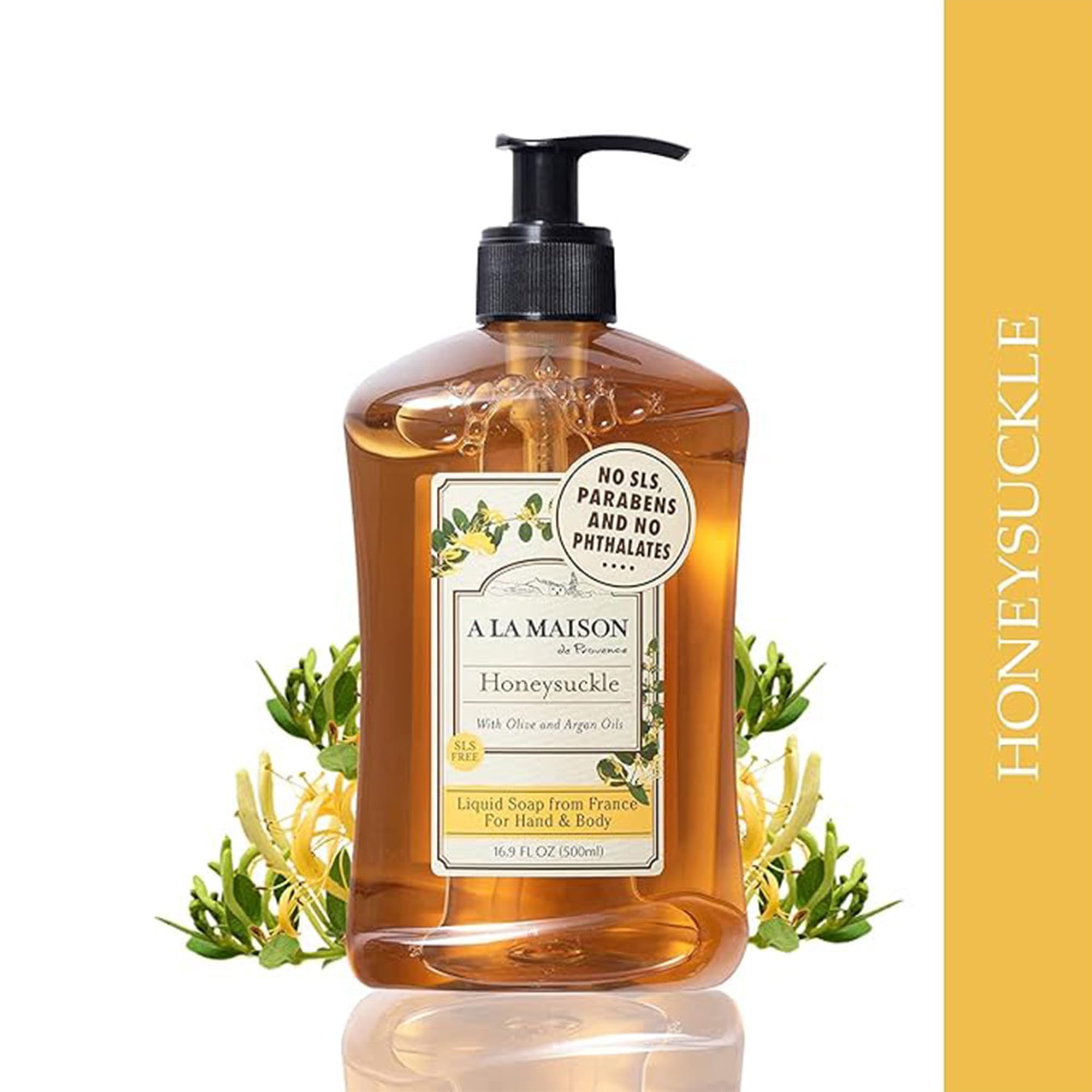 A LA MAISON Honeysuckle liquid soap close-up showing rich foam.