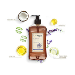 A La Maison Lavender Aloe Body Wash back view, free of SLS and parabens.