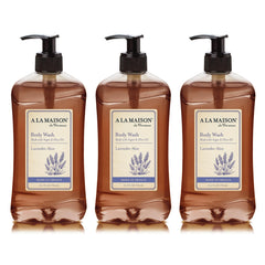 A La Maison Lavender Aloe Body Wash bottle shows gentle cleansing and soothing lavender aroma.
