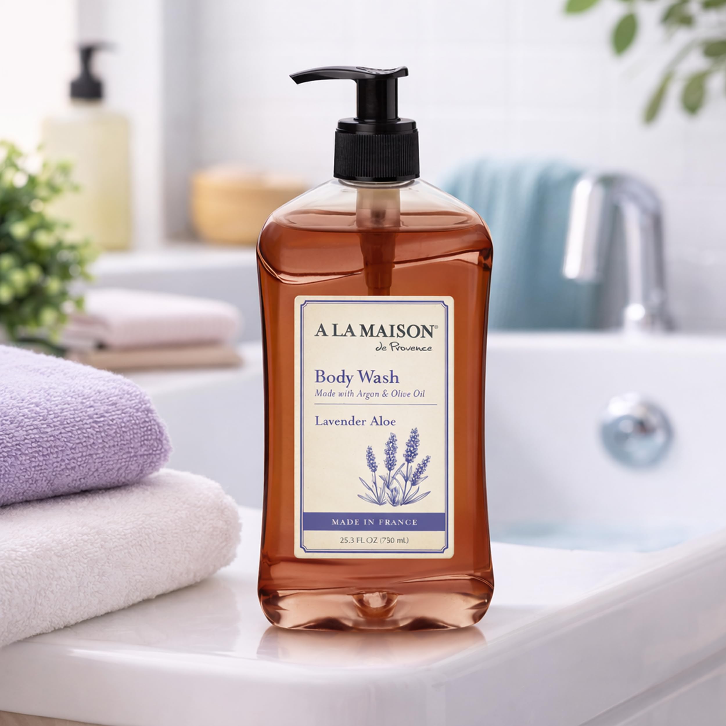 A La Maison Lavender Aloe Body Wash pump dispenser, easy daily use.