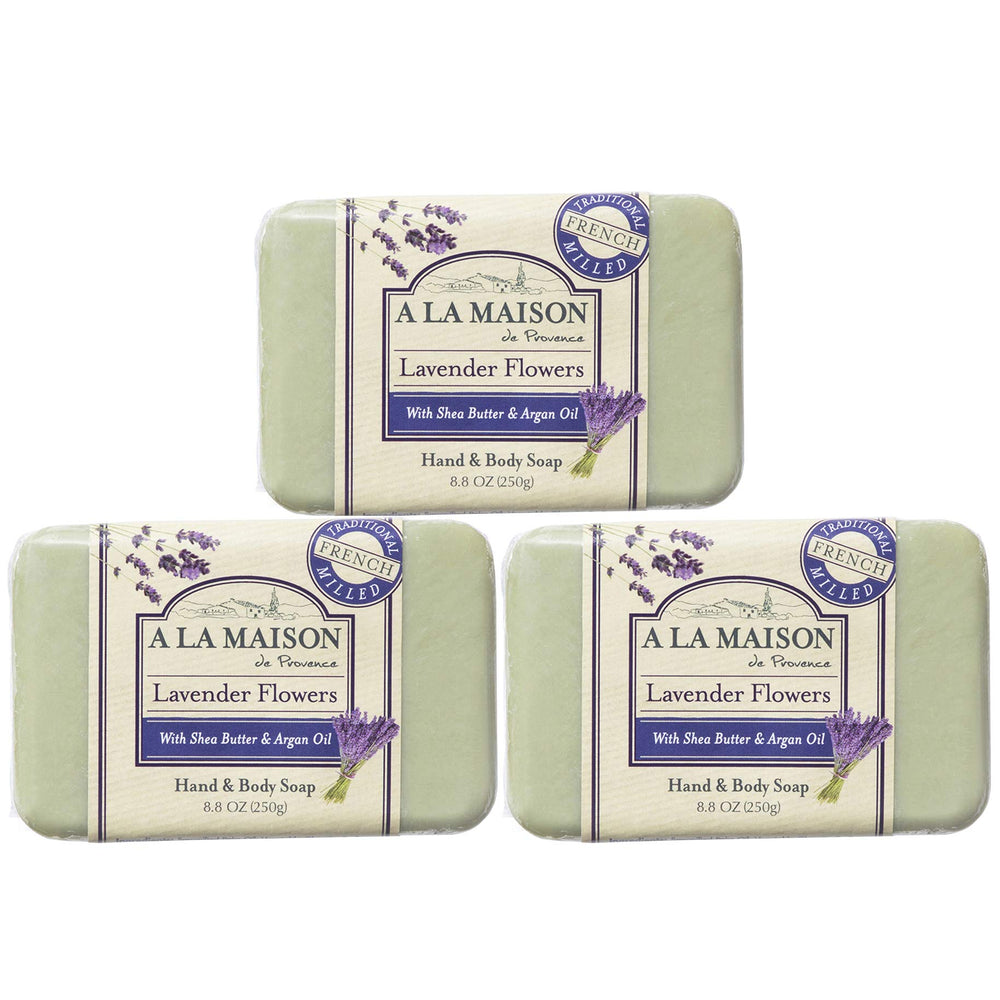 A LA MAISON Lavender Flower Bar Soap pack showing three milled bars for long lasting cleansing