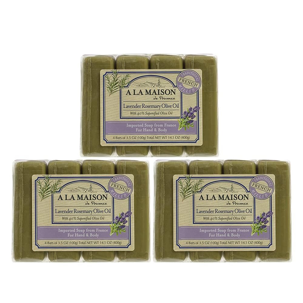 A LA MAISON Lavender Rosemary Olive Oil Bar Soap packaging shows sustainable design for eco-conscious cleansing.