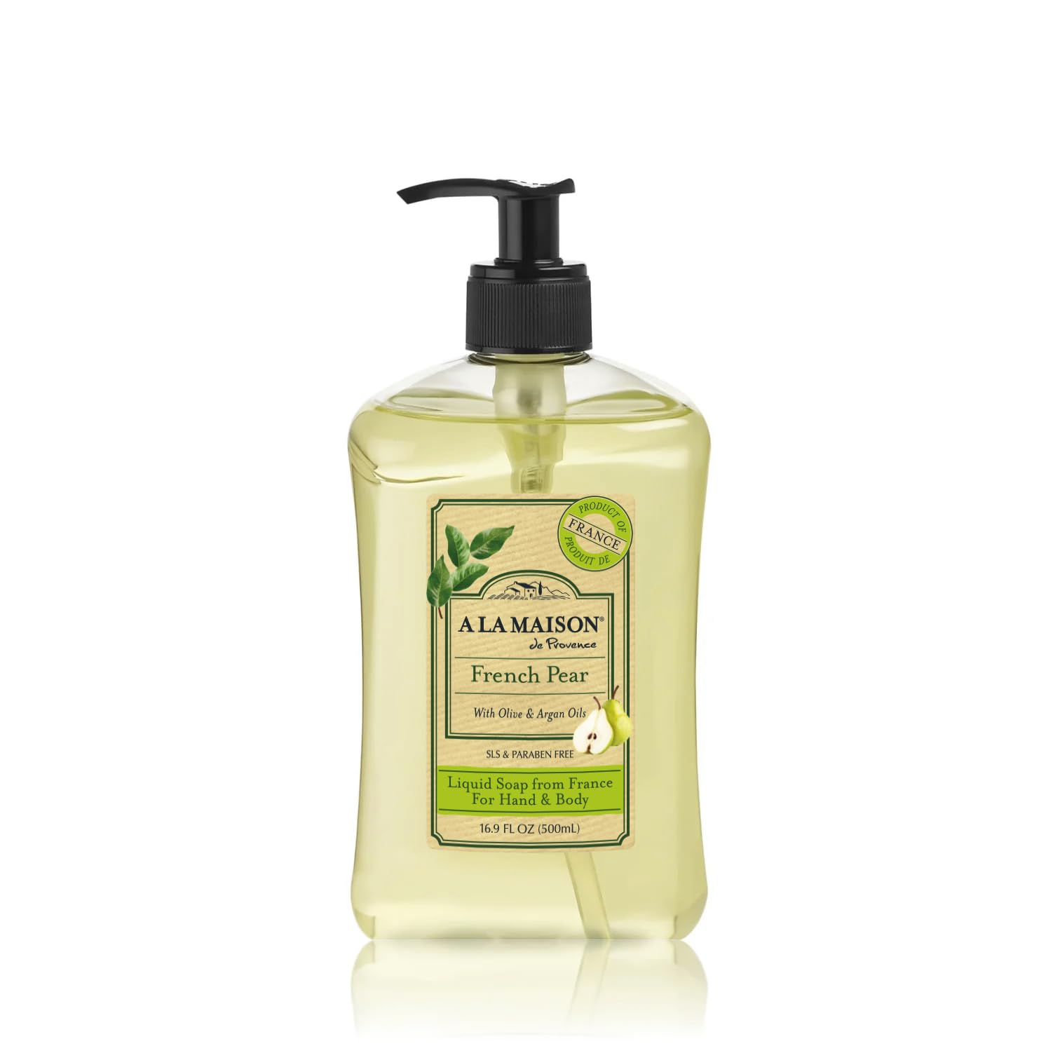A LA MAISON French Pear hand soap bottle closeup showing elegant packaging and luxury feel.