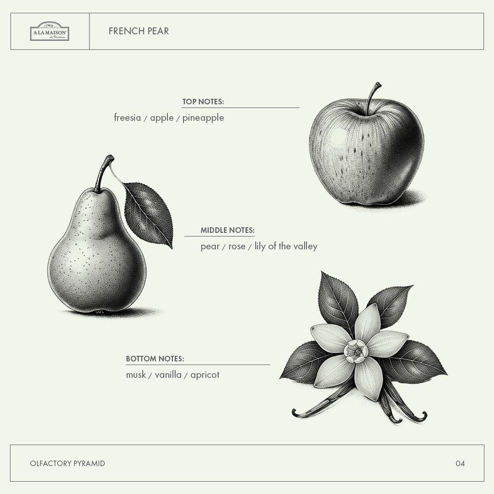 A LA MAISON French Pear fragrance image highlighting subtle pear scent and soothing vibes.
