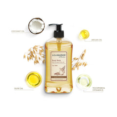A LA MAISON Oat Milk Body Wash pump-dispense proves easy, convenient lather.