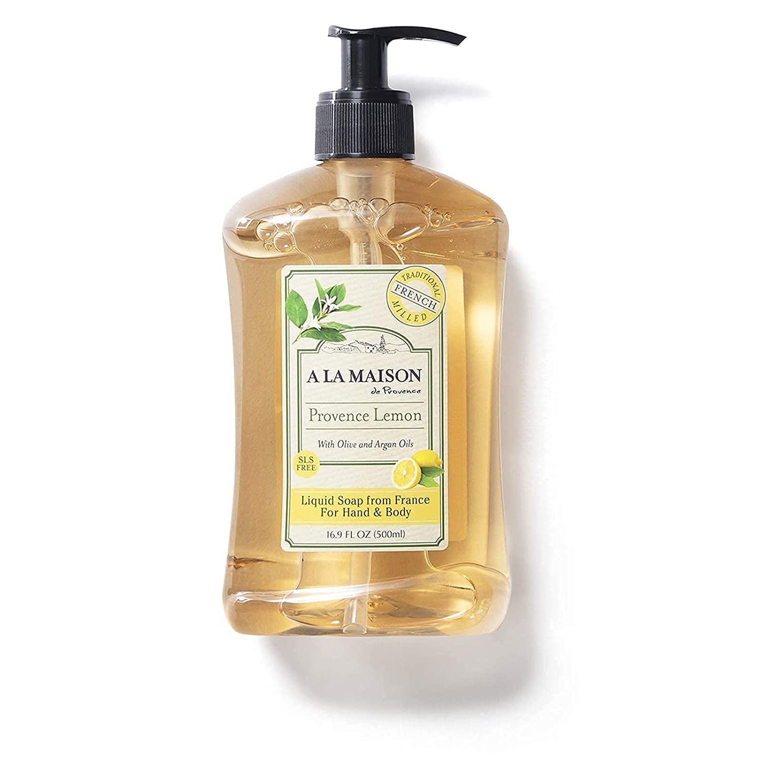 A LA MAISON Provence Lemon hand soap bottle displaying a natural cleansing formula for skin care.