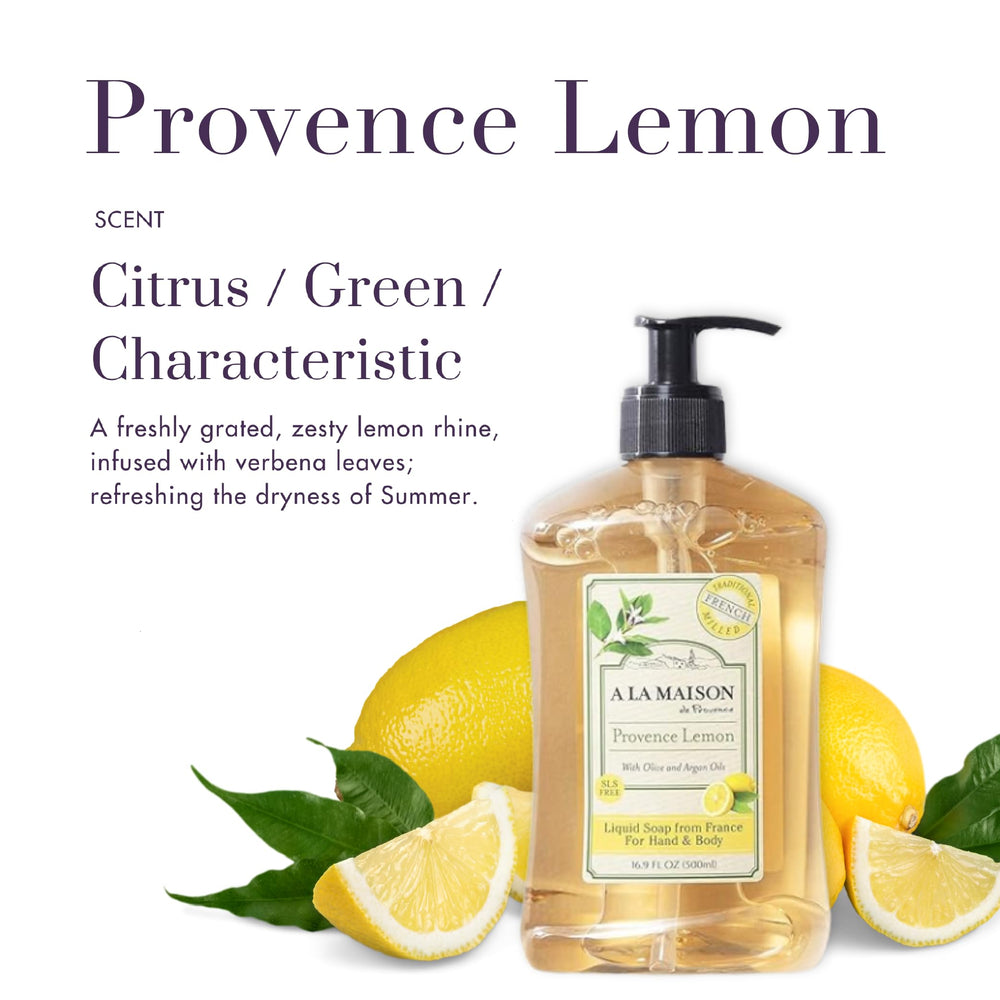Ingredients highlight plant oils and glycerin in A LA MAISON Provence Lemon soap.