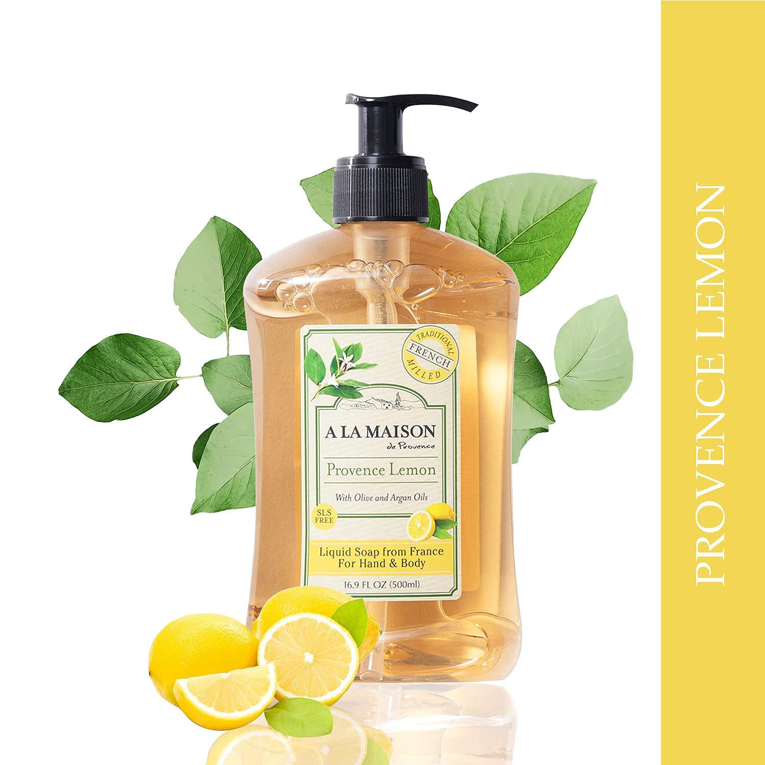 Close-up of rich lather from A LA MAISON Provence Lemon hand soap.