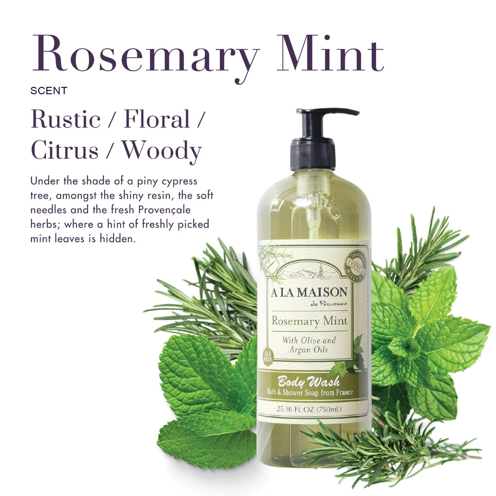 A LA MAISON Rosemary Mint Body Wash pump demonstrates convenient dispensing and vegan formula gentle on skin.