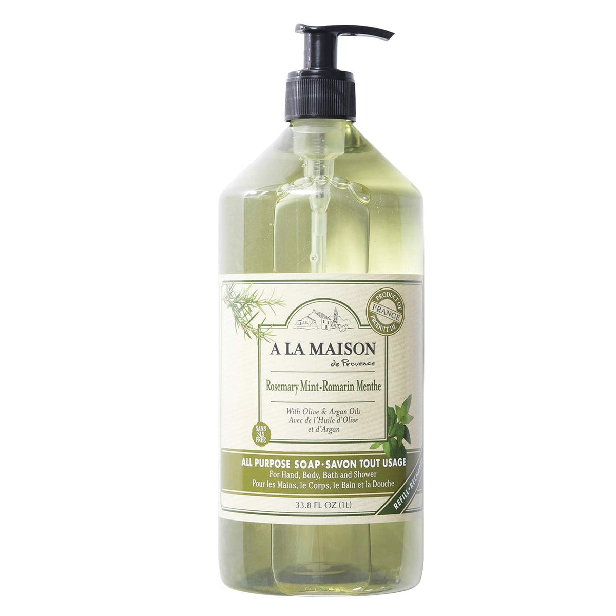 A LA MAISON Rosemary Mint hand soap bottle with gentle essential-oil cleansing.