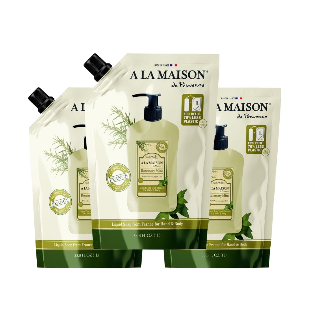 A LA MAISON Rosemary Mint hand soap refill pouch showing eco-friendly packaging and plant-based care