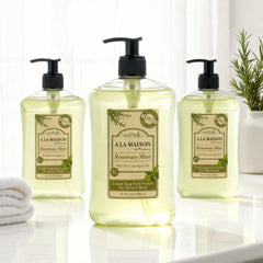A LA MAISON Rosemary Mint liquid soap lather during daily hand washing.
