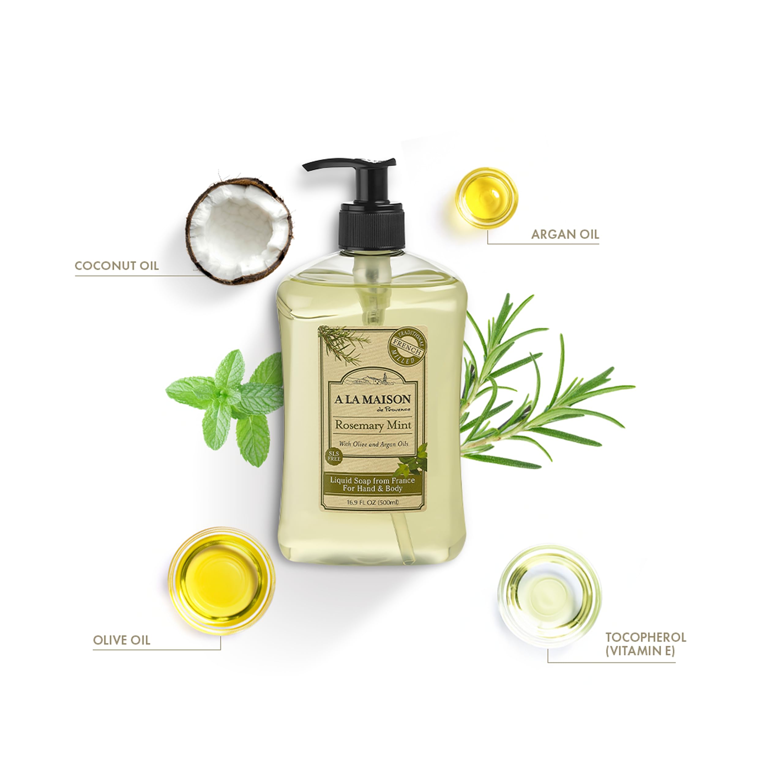 A LA MAISON Rosemary Mint liquid soap pour showing a smooth, refreshing lather.