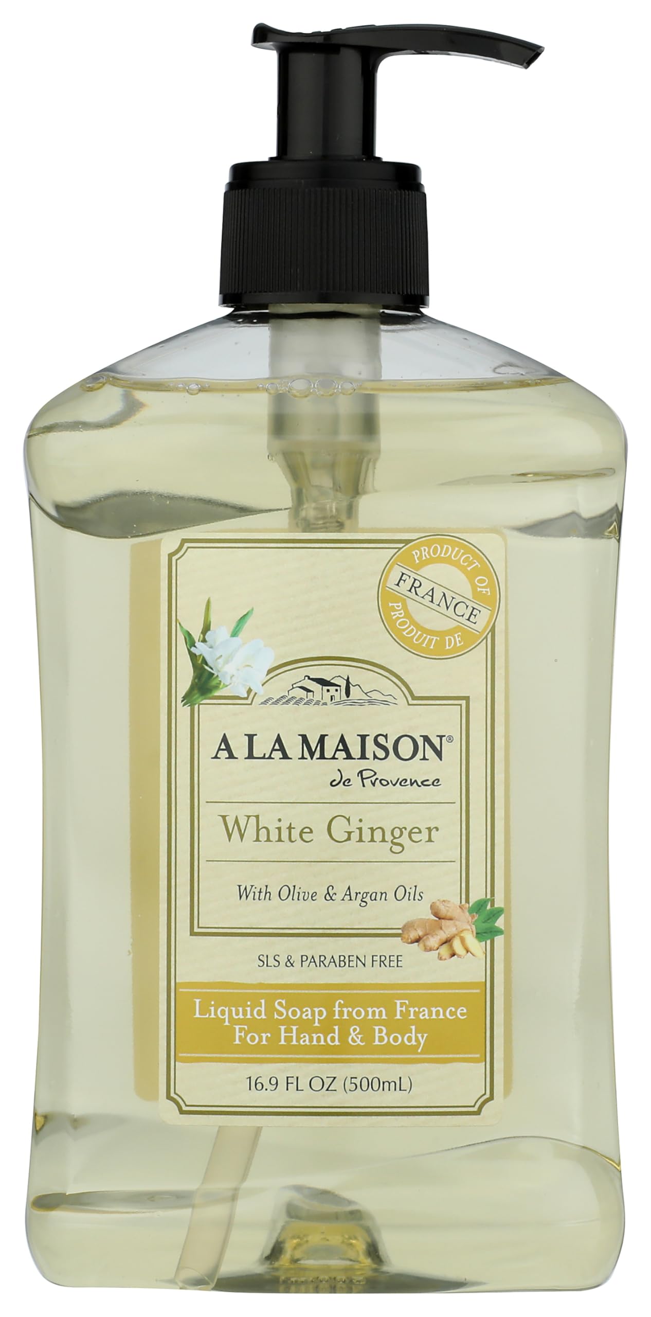 A LA MAISON White Ginger bottle pour showing smooth, plant-based cleansing for daily hand care.