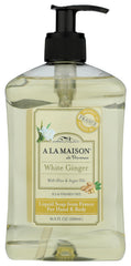 A LA MAISON White Ginger bottle pour showing smooth, plant-based cleansing for daily hand care.