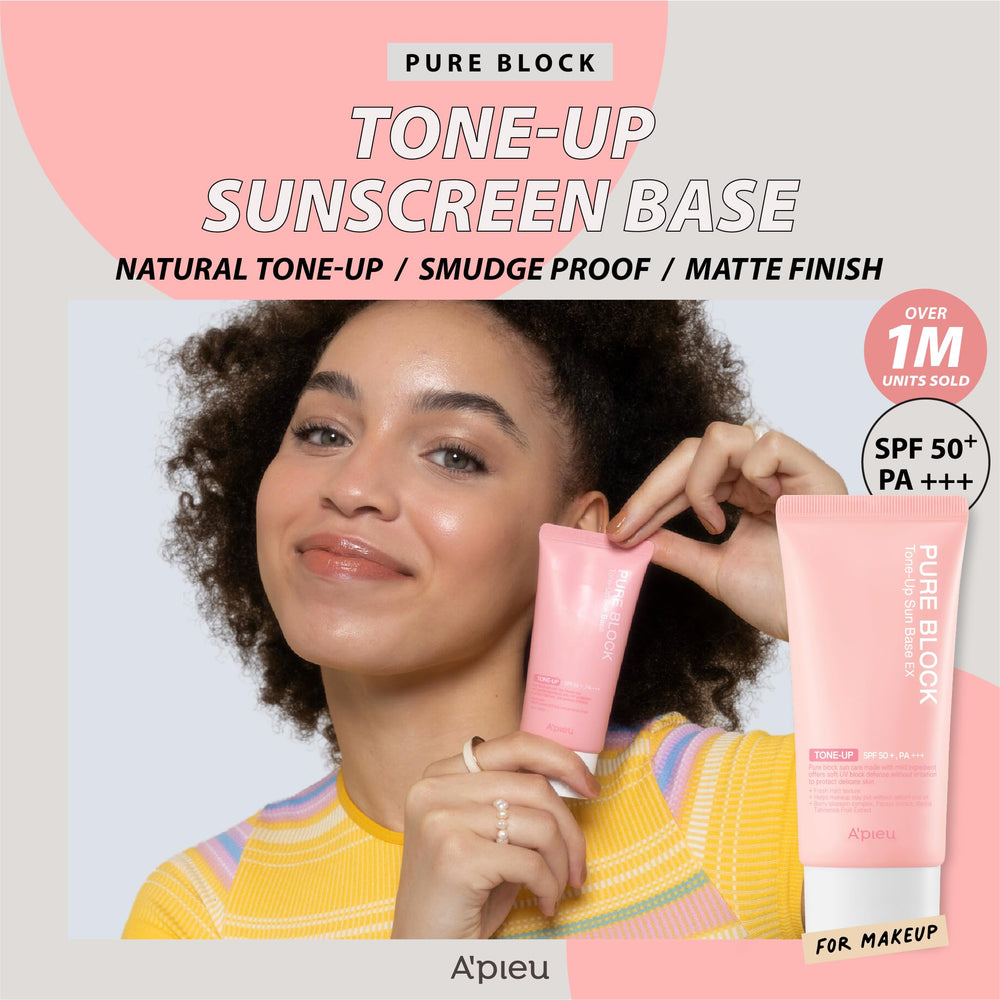 A'PIEU Pure Block Tone Up Sunscreen Base texture close-up shows non-greasy absorption.