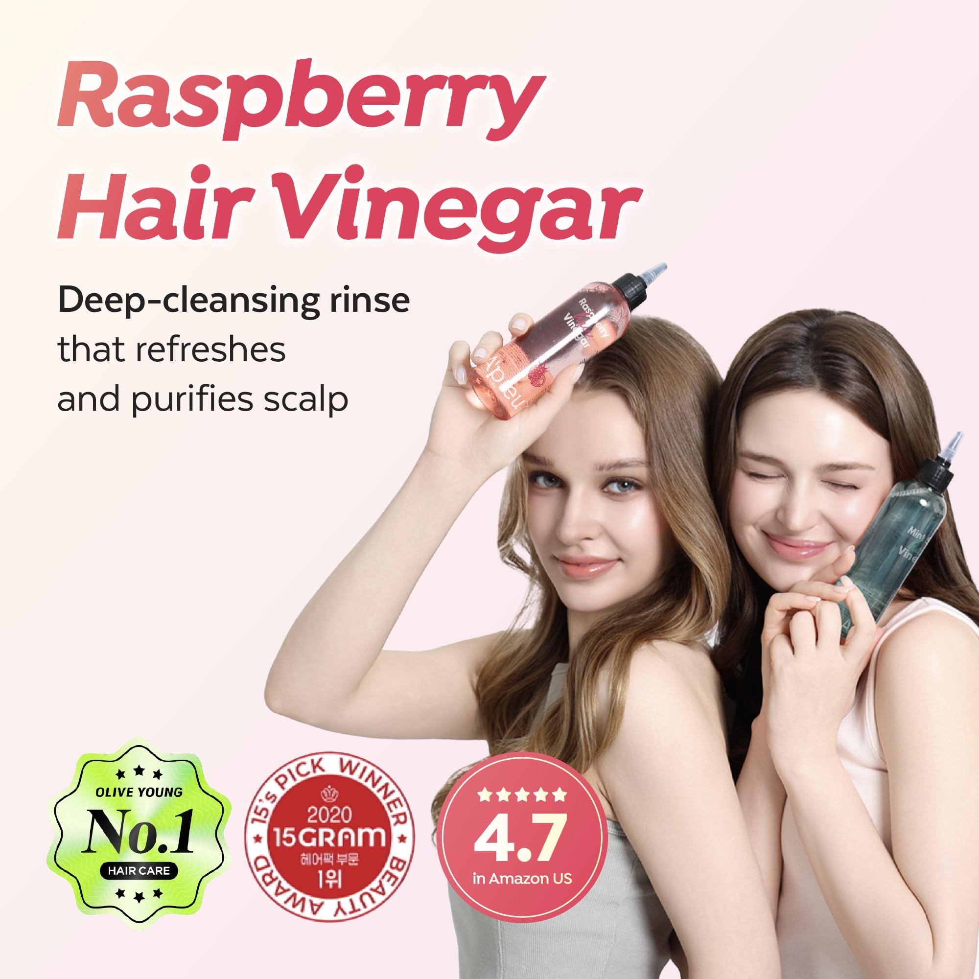 Pouring A'PIEU Raspberry Hair Vinegar rinse for easy post-shampoo application